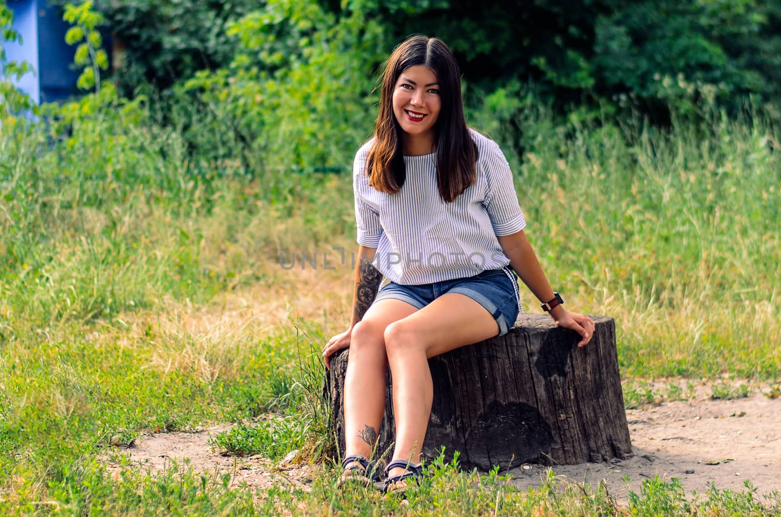 Young beautiful brunette woman posing on a stump. by chernobrovin