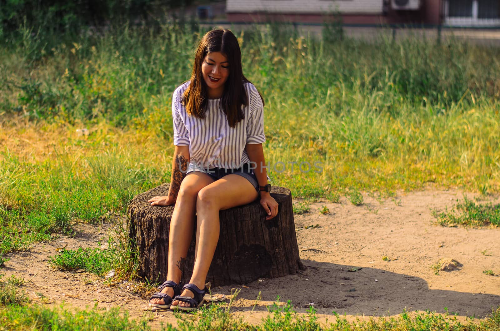 Young caucasian smiling woman  is sitting on a stump by chernobrovin