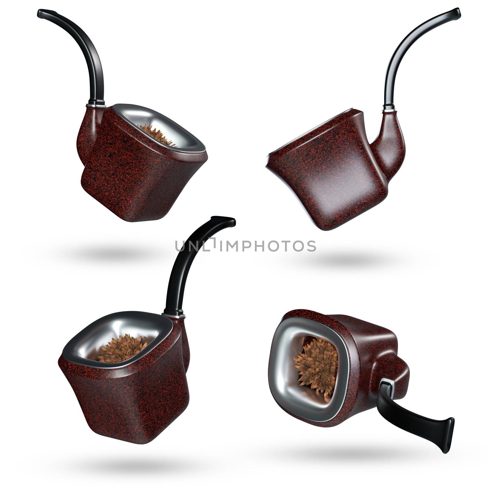 Four vintage pipe smoke in different poses in isolate white background and clipping path. Element for decorating your work. Concept of anti-tobacco and world no tobacco day. 3D illustrator rendering.