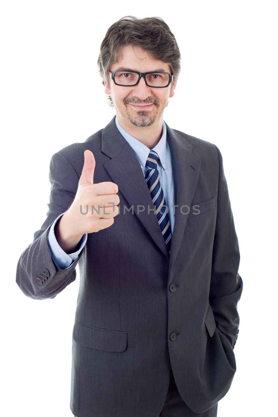 young business man going thumb up, isolated on white