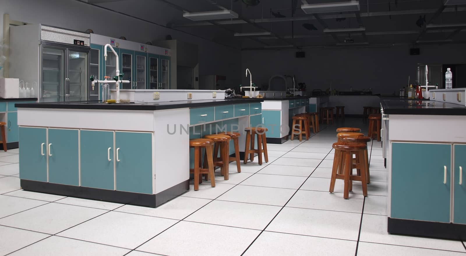 A modern science lab with counters and appliances

