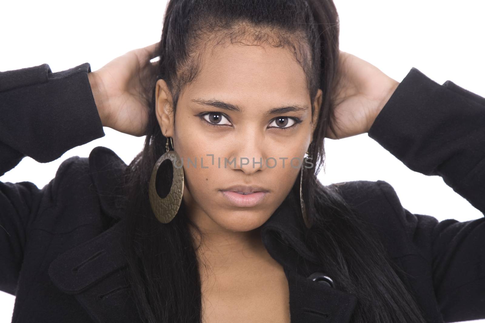 african girl close up portrait, isolated on white background