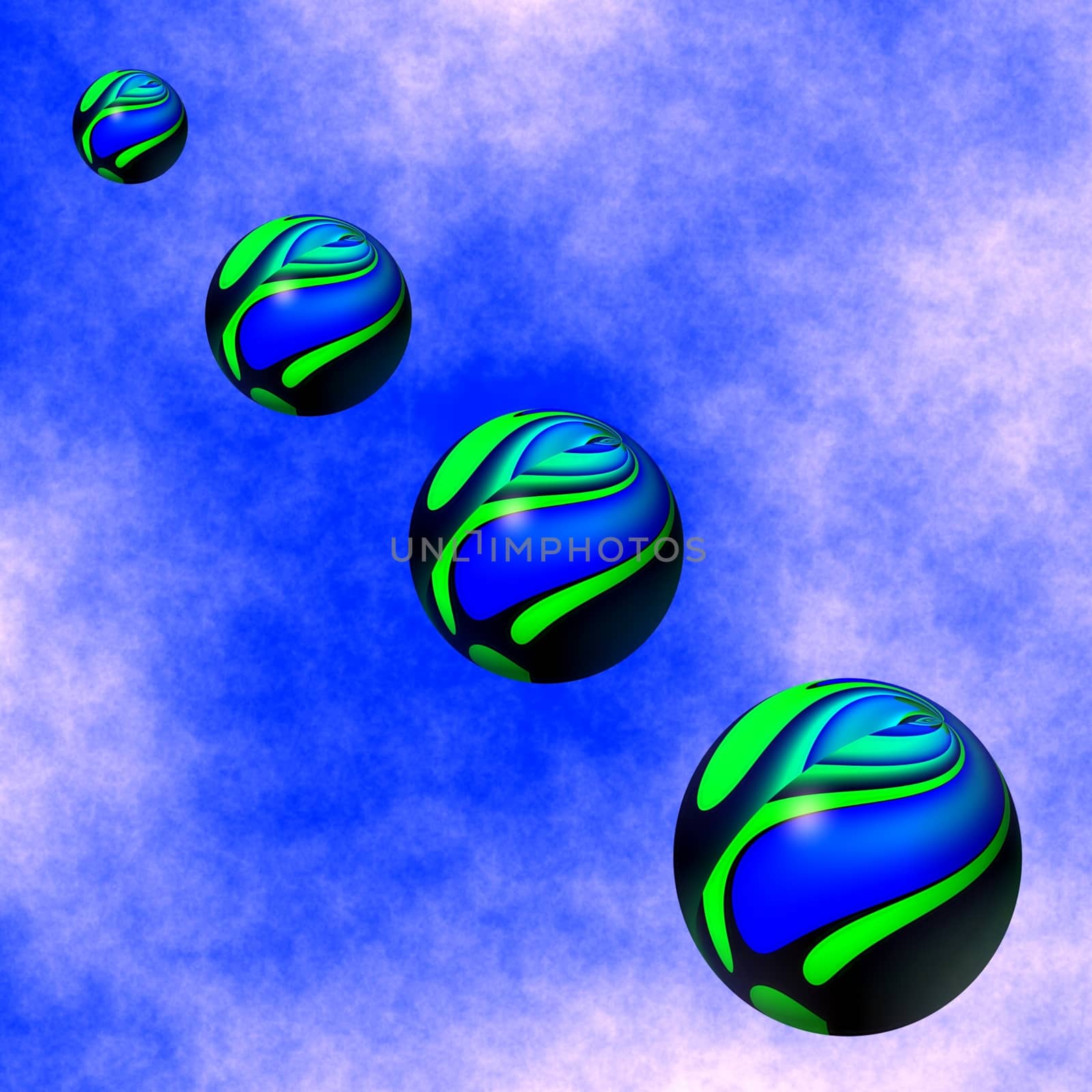 Graphic illustration of colorful spheres descending from the blue sky
