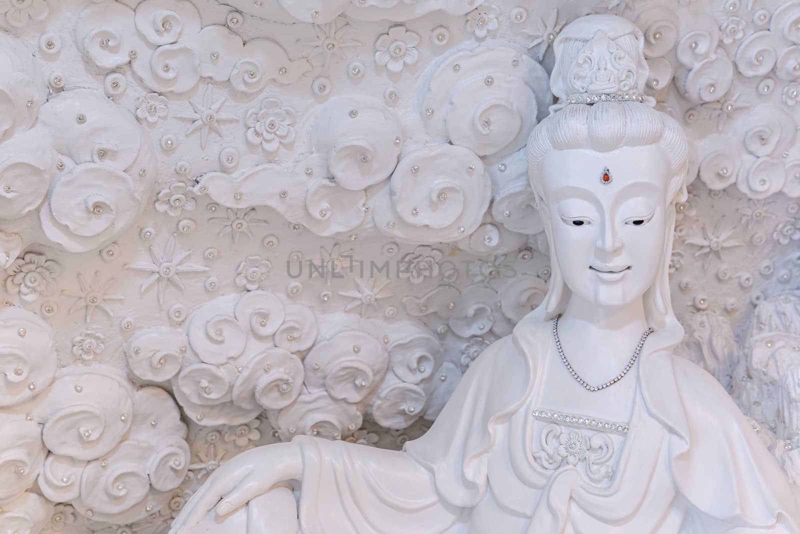 Beautiful White Guan Yin Statue at Huay Pla Kang Temple, Chiang Rai, Thailand.