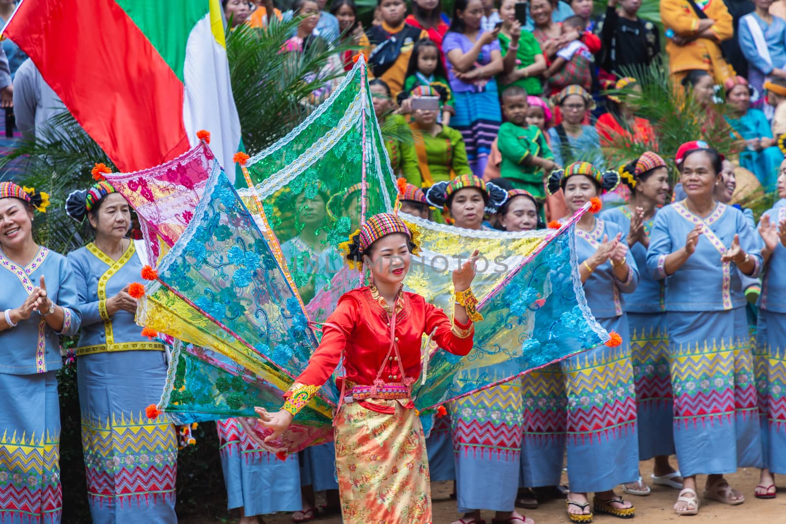 Beauty woman of Shan or Tai Yai (ethnic group living in parts of Myanmar and Thailand) in tribal dress on Shan New Year celebrations. by phanthit