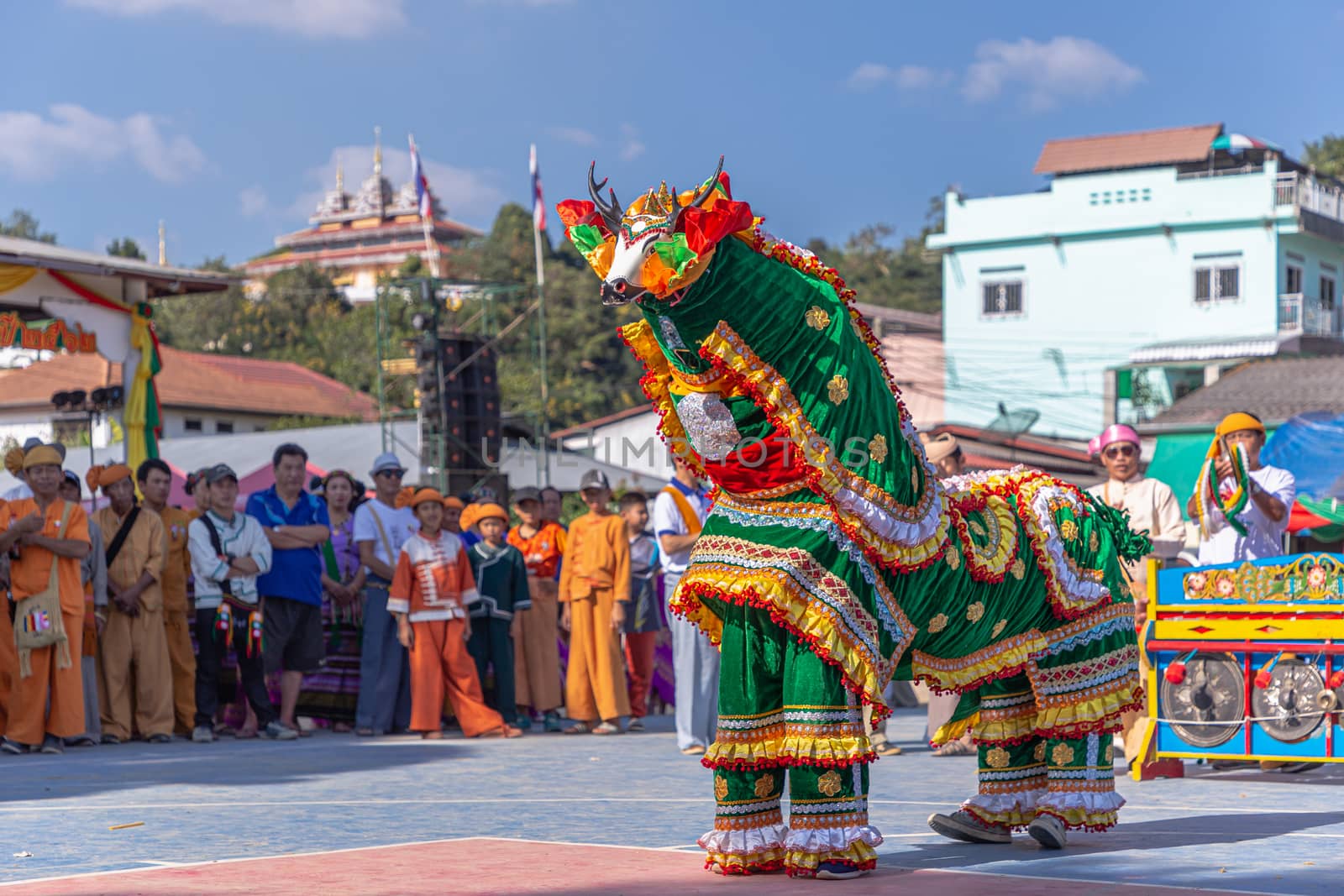 Thoet Thai, Chiang Rai - THAILAND, November 27, 2019 : Group of Shan or Tai Yai (ethnic group living in parts of Myanmar and Thailand) in tribal dress do native dancing in Shan New Year celebrations.