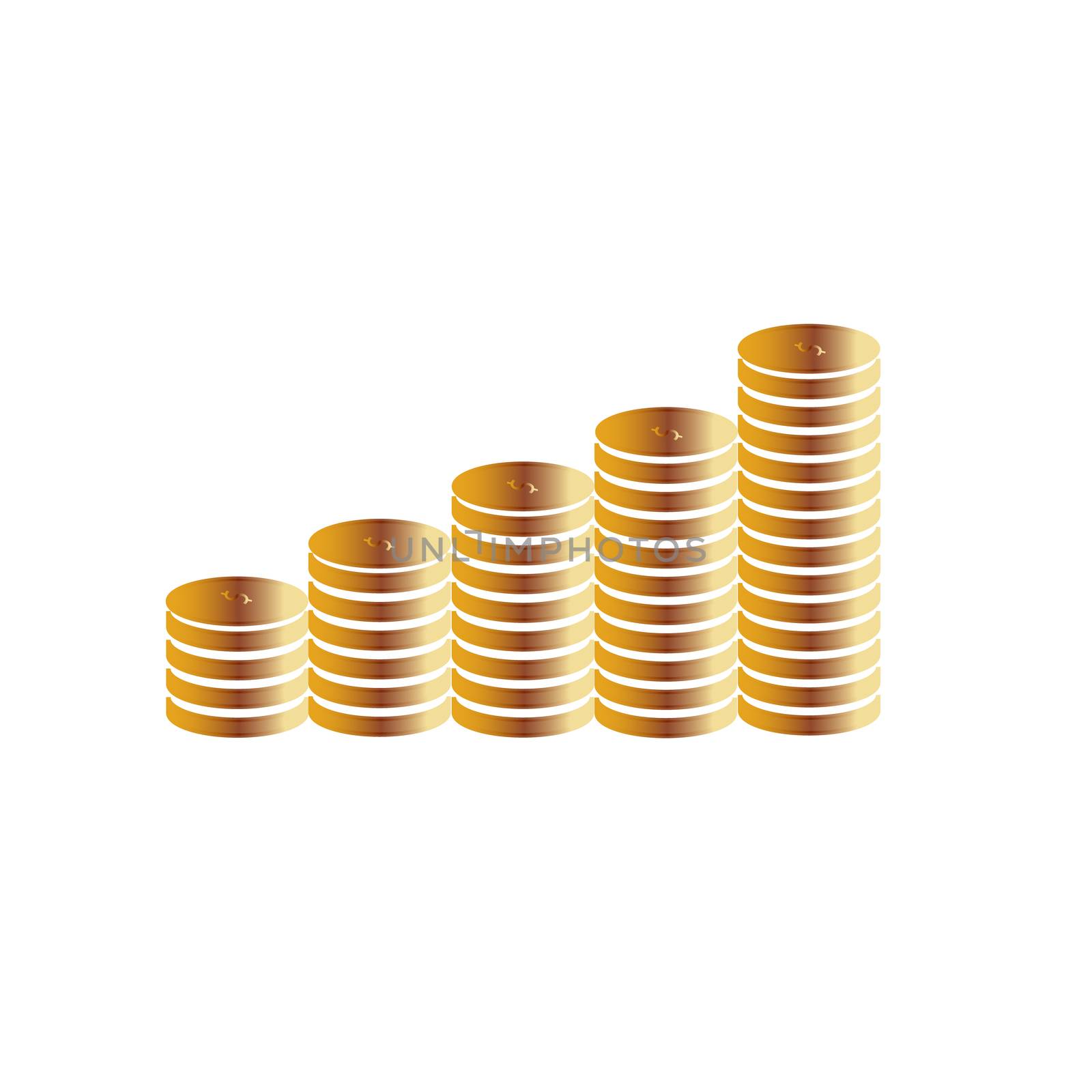 Columns of gold coins on a white background. Stacks of gold coin by suthee