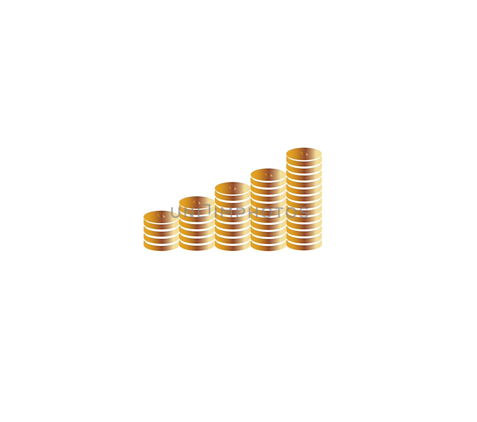 Columns of gold coins on a white background. Stacks of gold coin by suthee