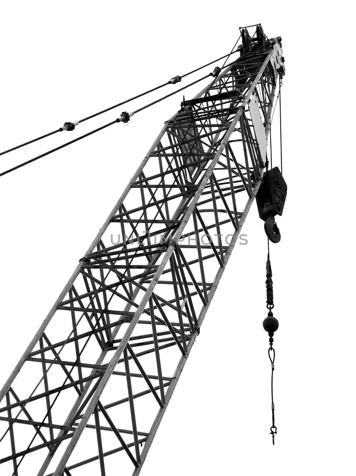 The top end of a large crane with steel cables and hook
