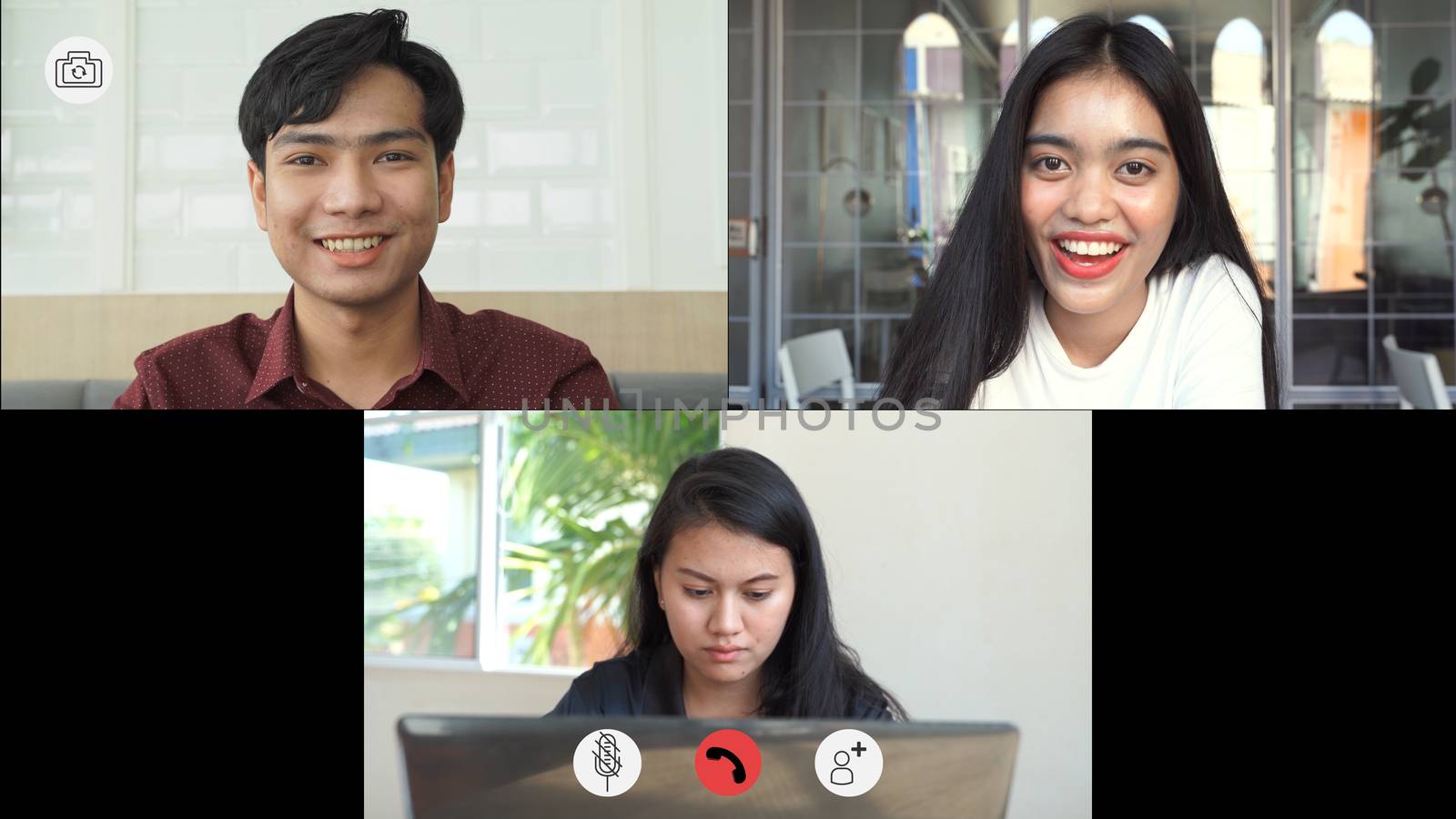 Video call screen shot the faces of Asian colleagues or partners meeting remotely with video conferences, greetings and meetings together while working from home and keep social distancing