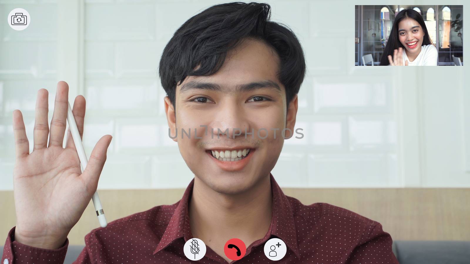 Video call screen shot the faces of Asian colleagues or partners by Boophuket