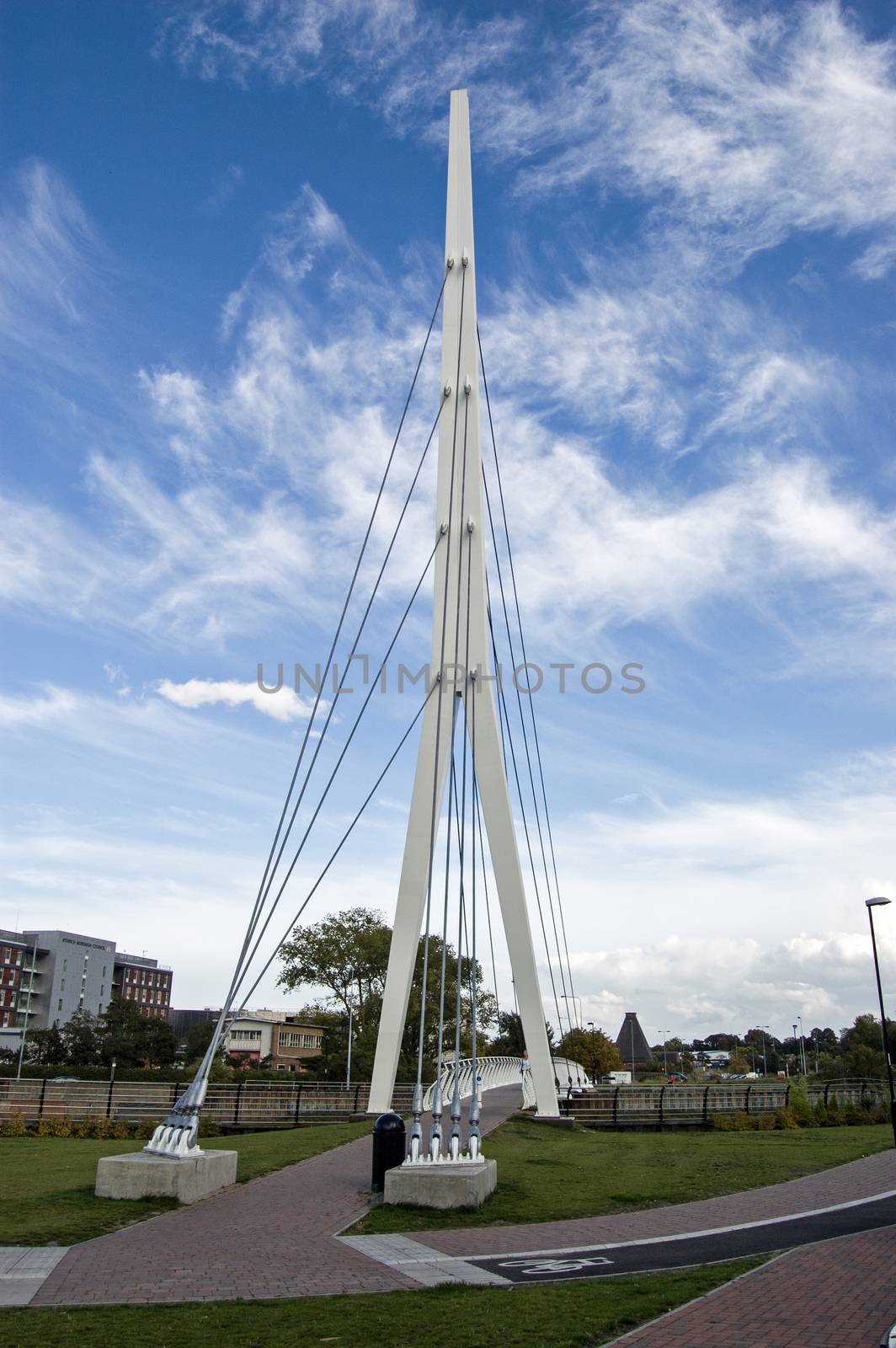 A new footbridge across the River Orwell in Ipswich, Suffolk. Dedicated to the footballer Sir Bobby Robson.