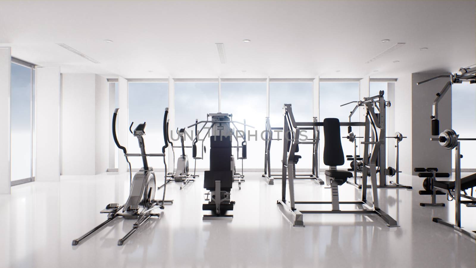 gym interior and fitness equipment, healthy lifestyle concept, 3d render background
