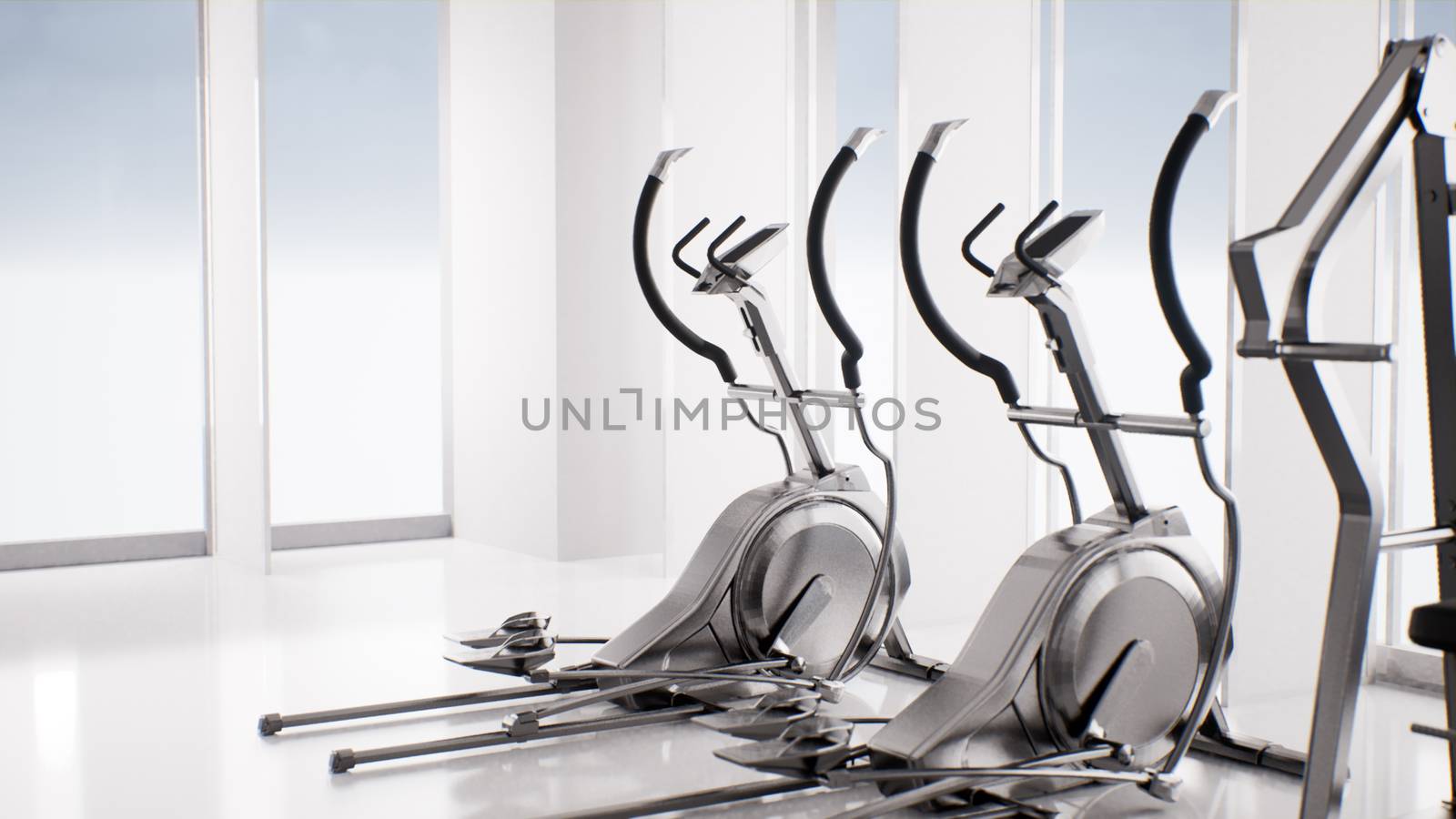 empty gym with fitness exercise elliptical trainers, interior 3d render background