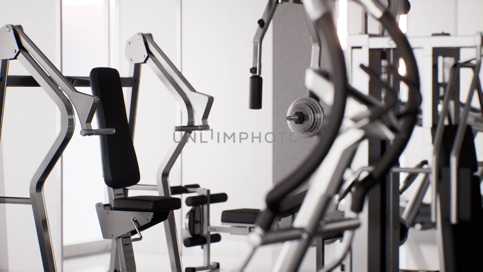 sports equipment in empty modern gym interior 3d render, heavy gym equipment, modern fitness club
