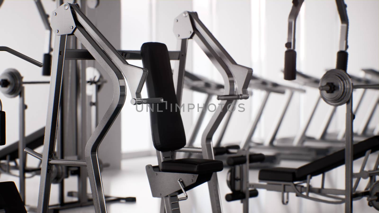 exercise equipment in empty gym, interior of modern fitness center, indoor exercise, 3d rendering