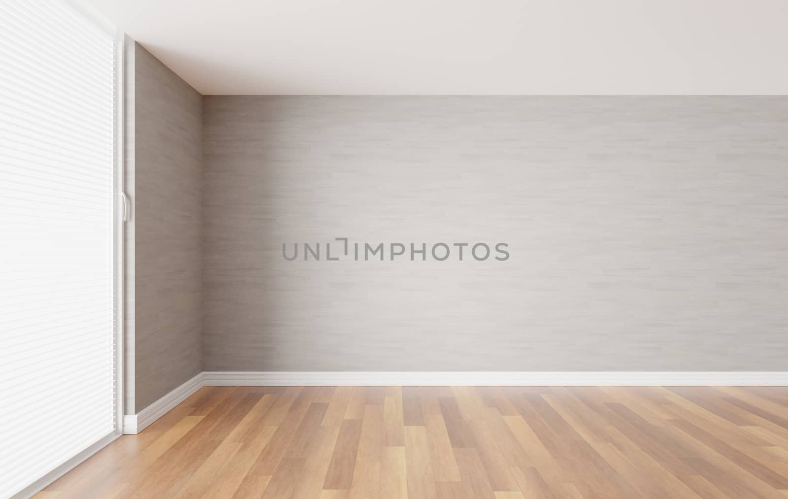 empty room interior 3d render, wooden floor and light gray wall, minimalist background illustration