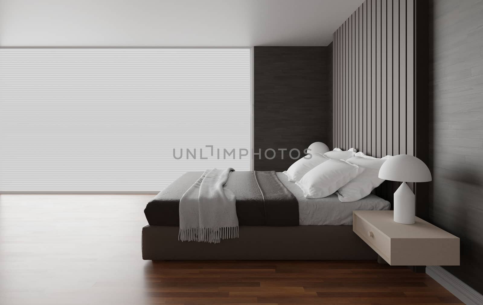 Bedroom interior design ,The room have bed and large window, minimalist and modern style, 3d render background