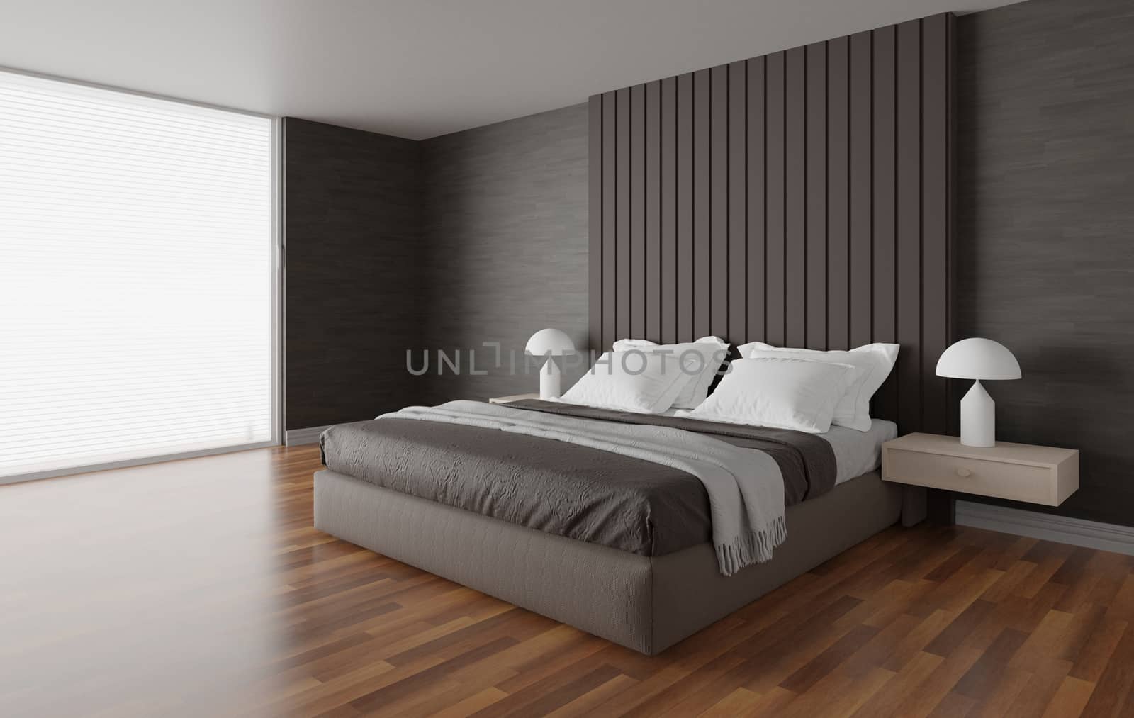 Bedroom interior with bed and large window, minimalist and modern style, 3d render background