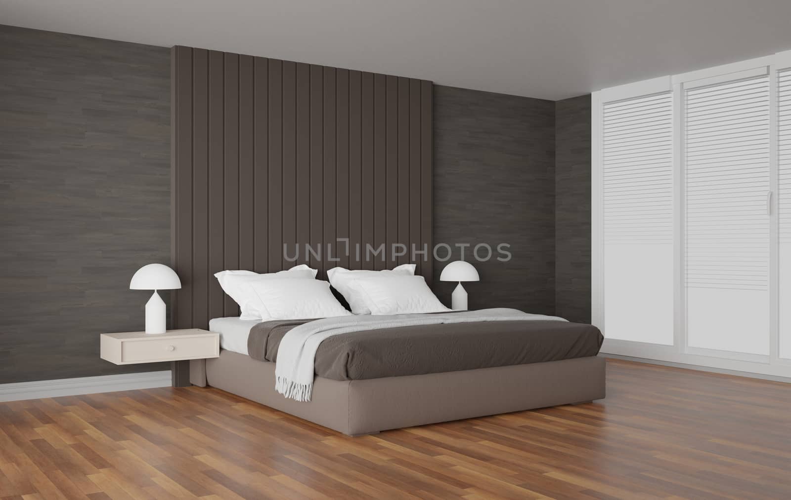 Modern bedroom concept with bed, modern and minimalist style, 3d render background