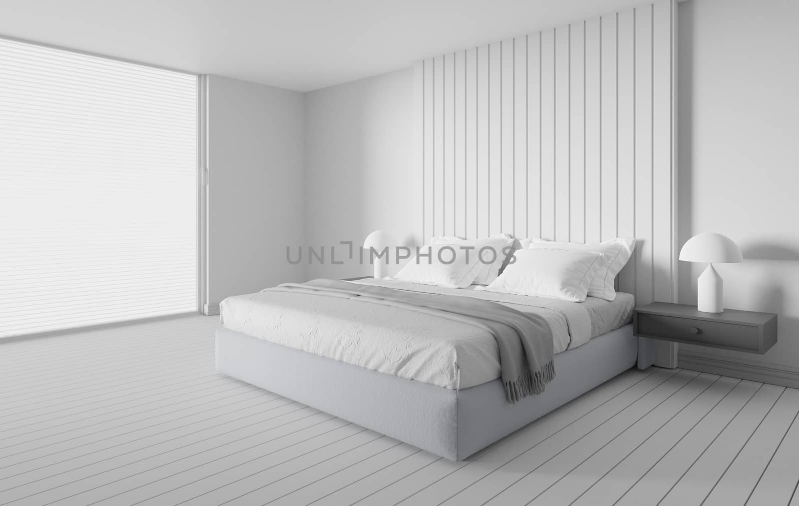 white bedroom with bed and large window, scandinavian style interior, 3d render background