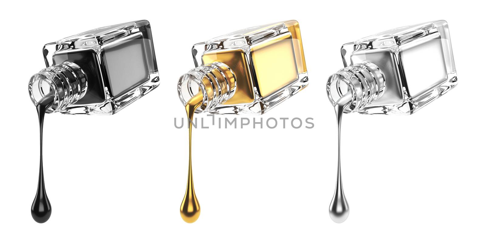 3d illustration of metallic shade nail polish bottle with drops, by Songpracone