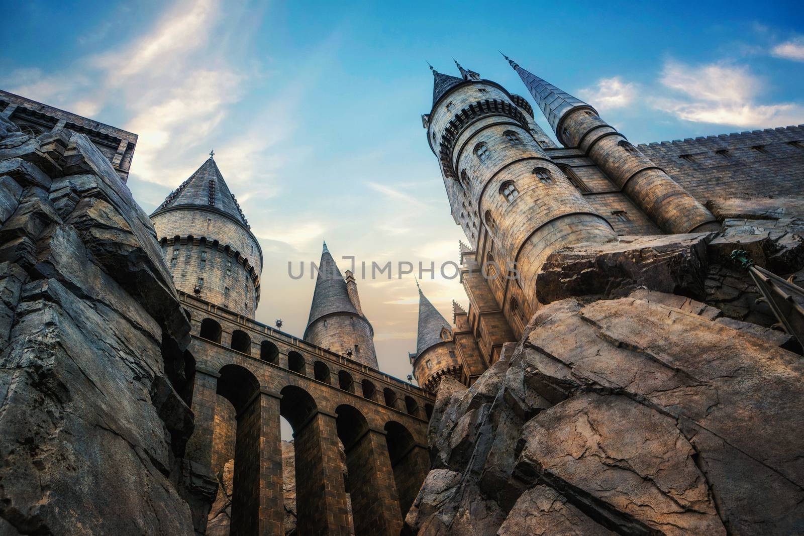 Hogwarts castle at Universal Studio Japan  with blue sky by Songpracone