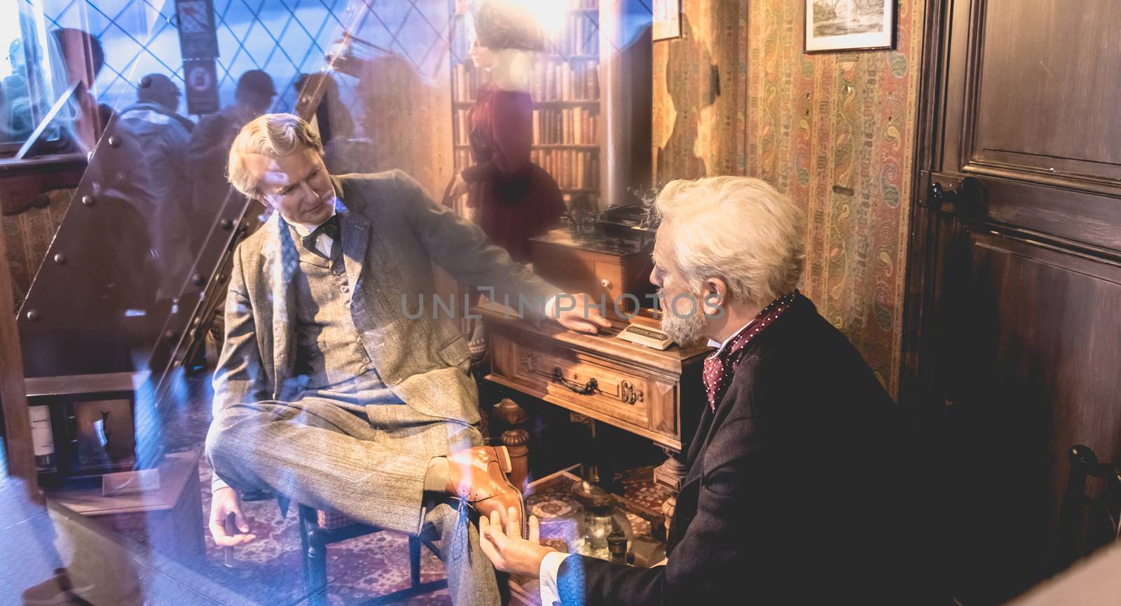 Paris, France - October 8, 2017: Gustave Eiffel and Thomas Edison wax figure in office is located to the top of the Eiffel Tower. Paris, France