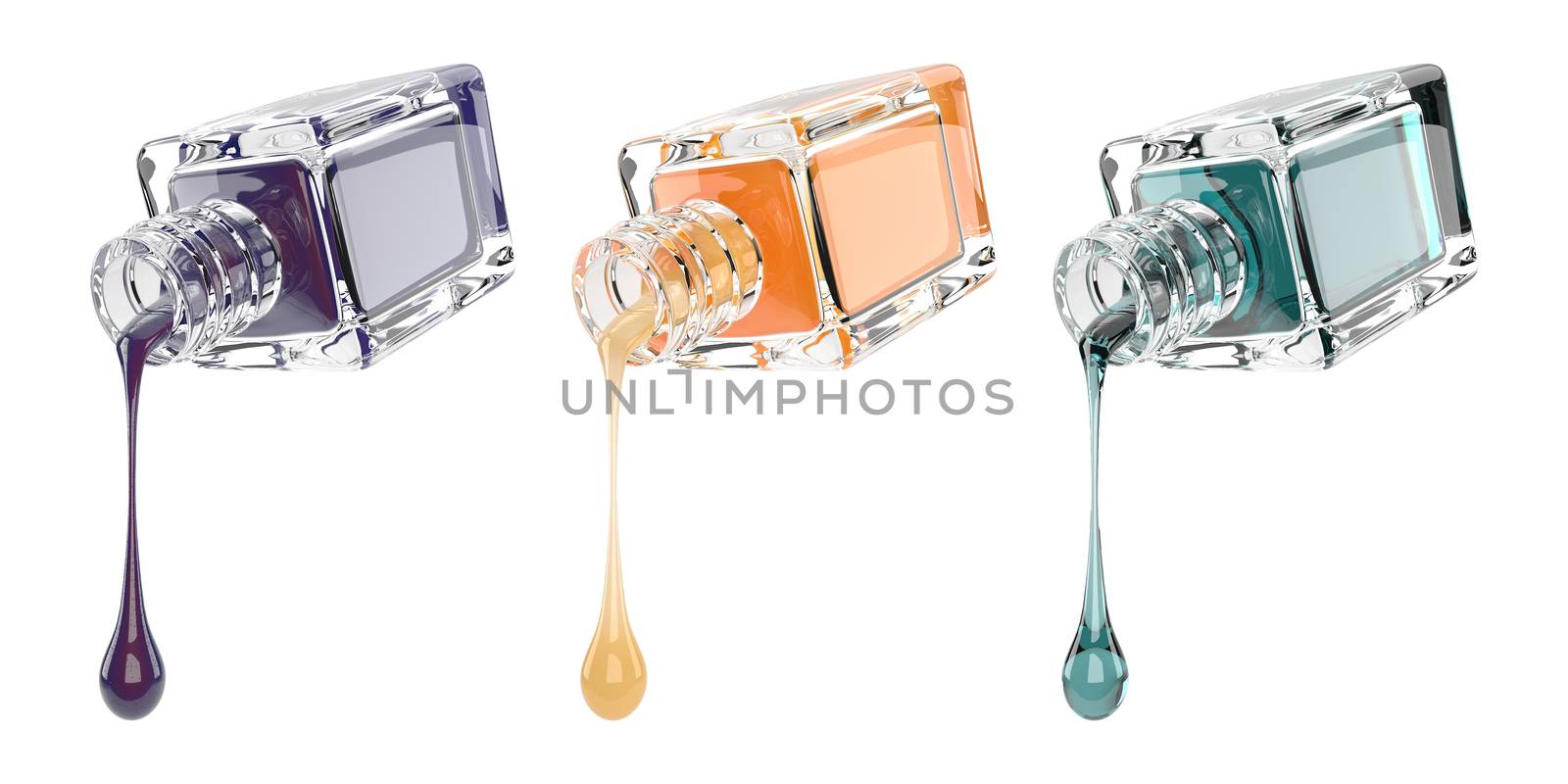 3d illustration of transparent nail polish bottle with drops, isolated on white with clipping path set