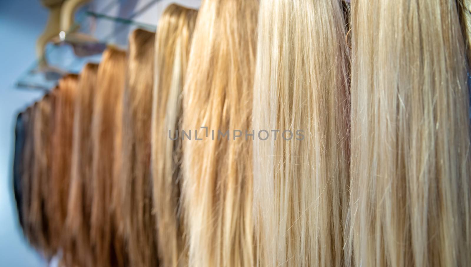 different colored and different types of wigs displayed in the shop by Edophoto