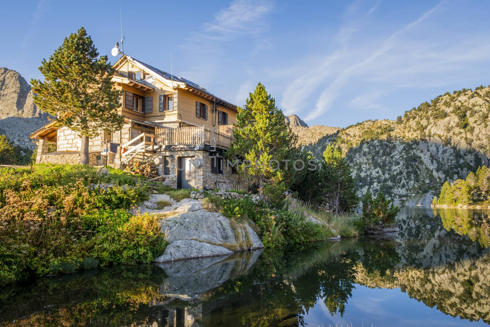 Espot, Spain, September 2015: View on JM blanck mountain hut in the Spanish Pyrenees during golden hour