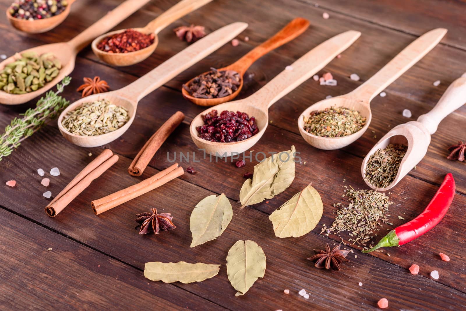 A set of spices and herbs. Indian cuisine. Pepper, salt, paprika, basil and other on a dark background. Top view. Free copy space.