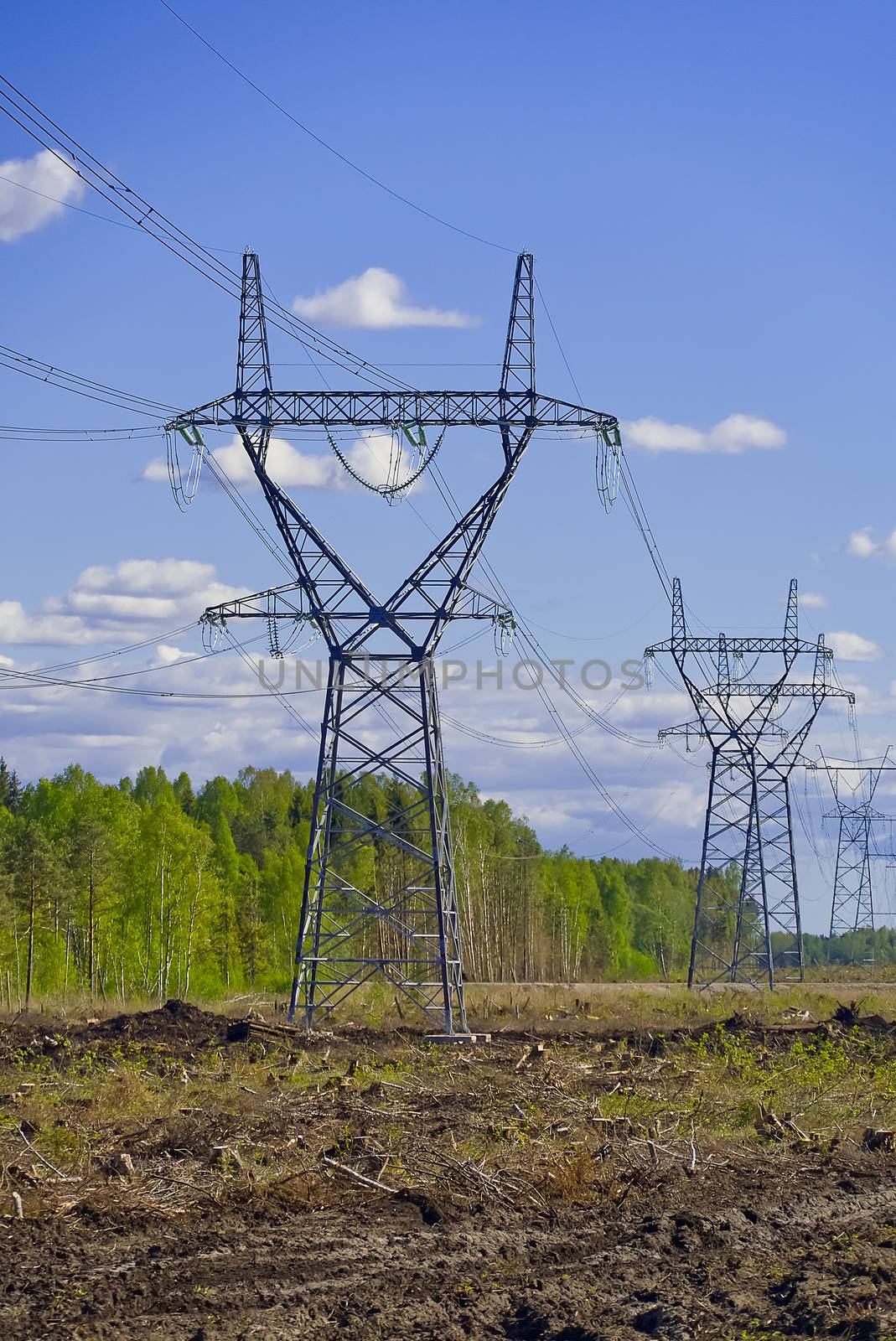 construction of new high voltage lines in forest. Estonia. new mast of a high voltage power line. installation of a high voltage power line. by PhotoTime