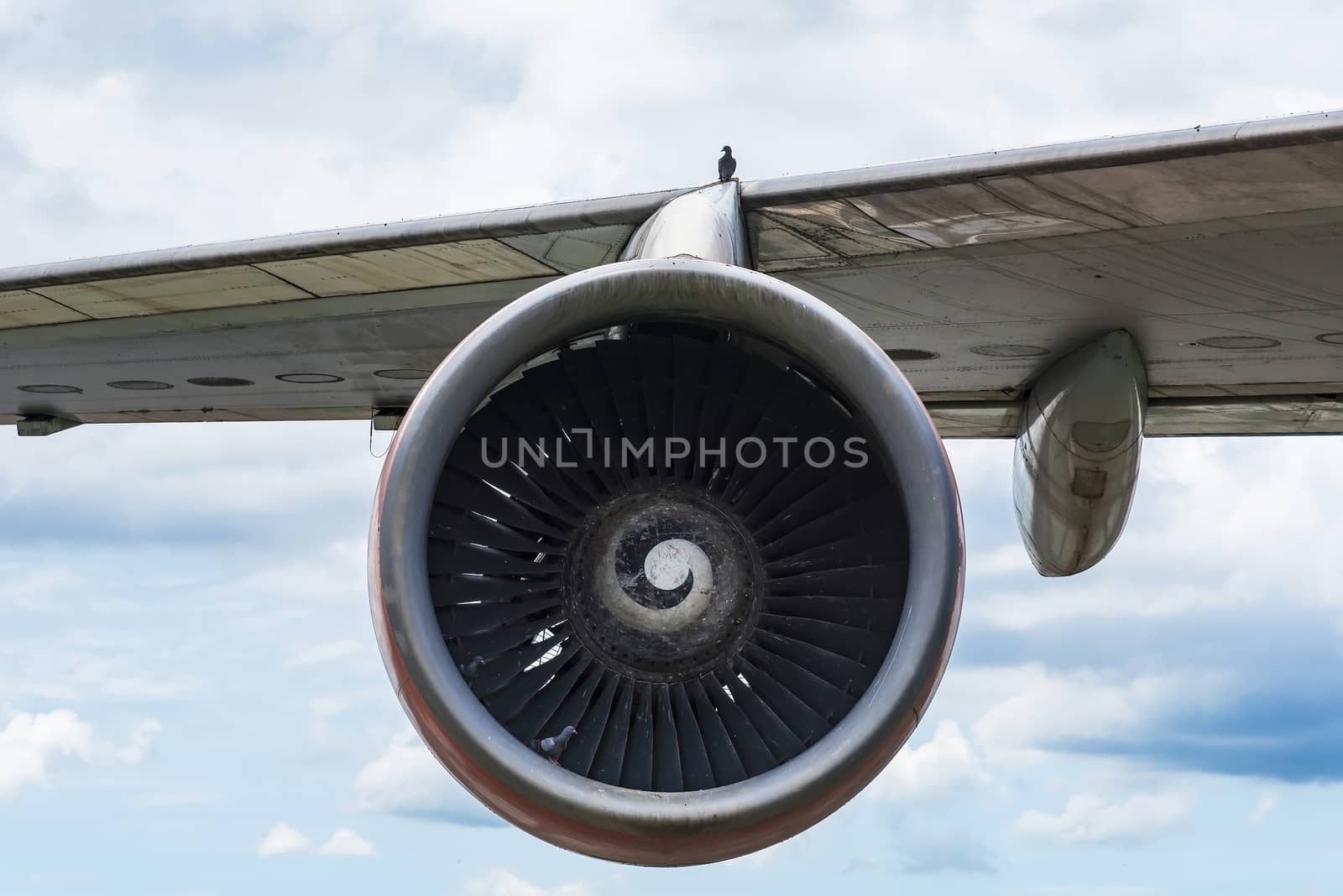 Closeup of an airplane turbine front view at Thailand.