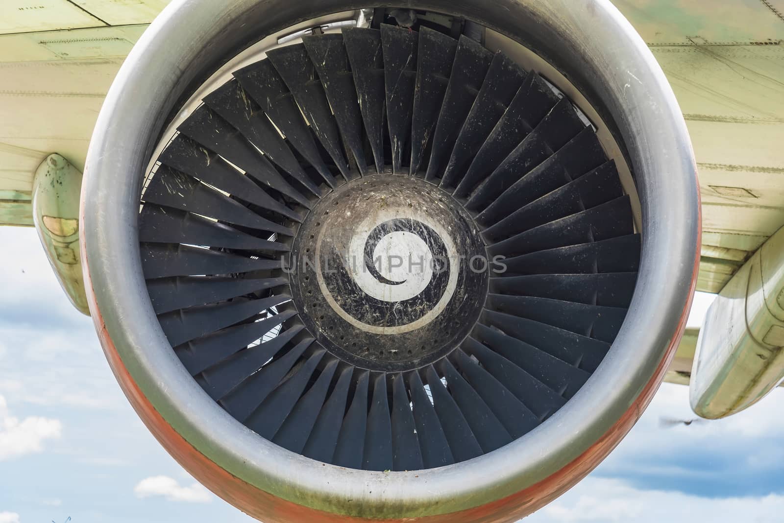 Closeup of an airplane turbine front view at Thailand. by Bubbers