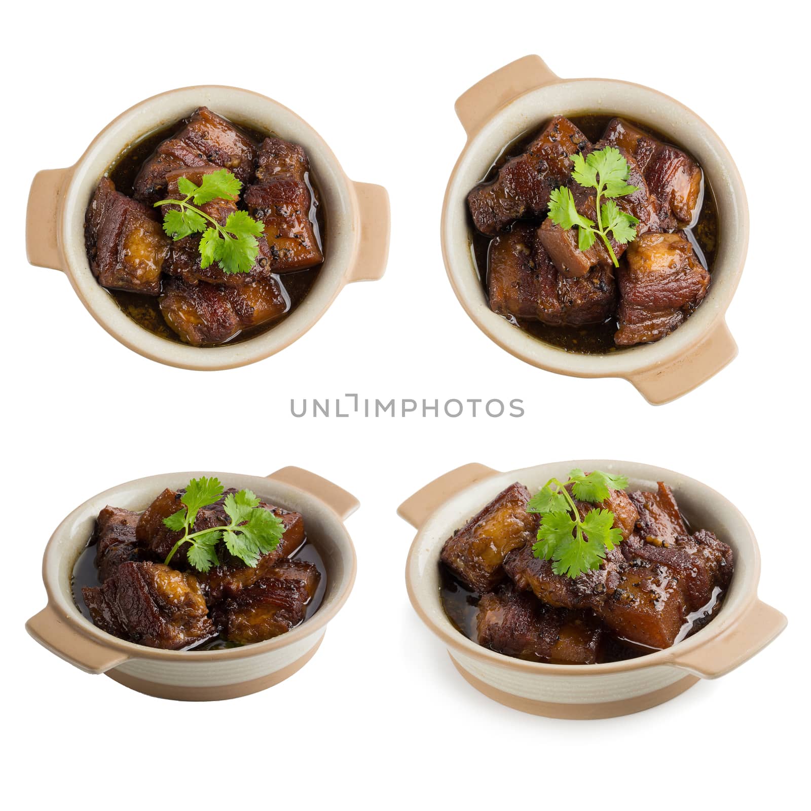 Pork boiled in the sweet gravy isolated on white background.