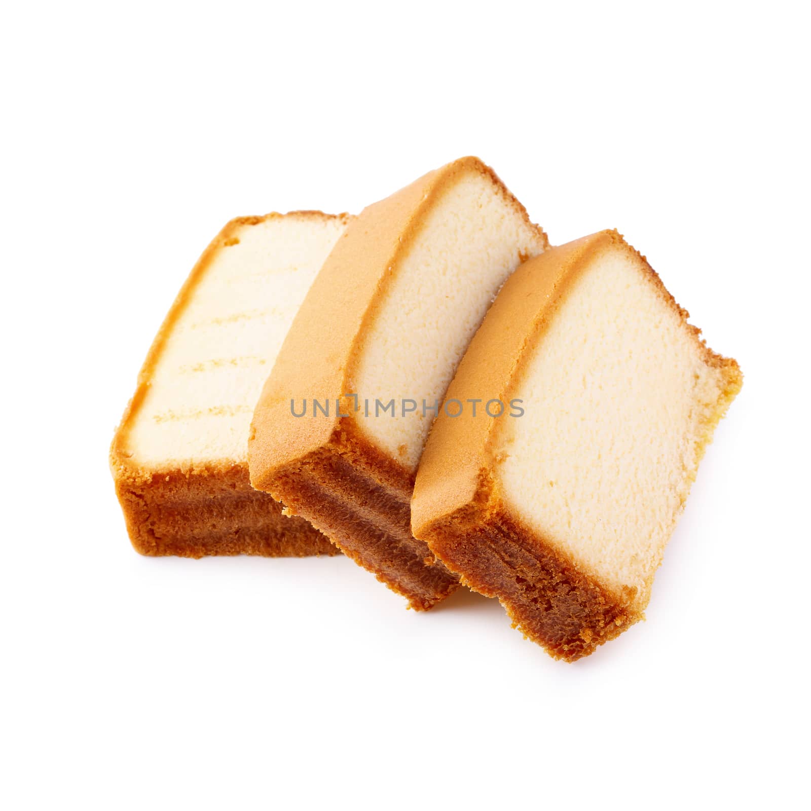 Sliced moist butter cake isolated on white background. by kaiskynet