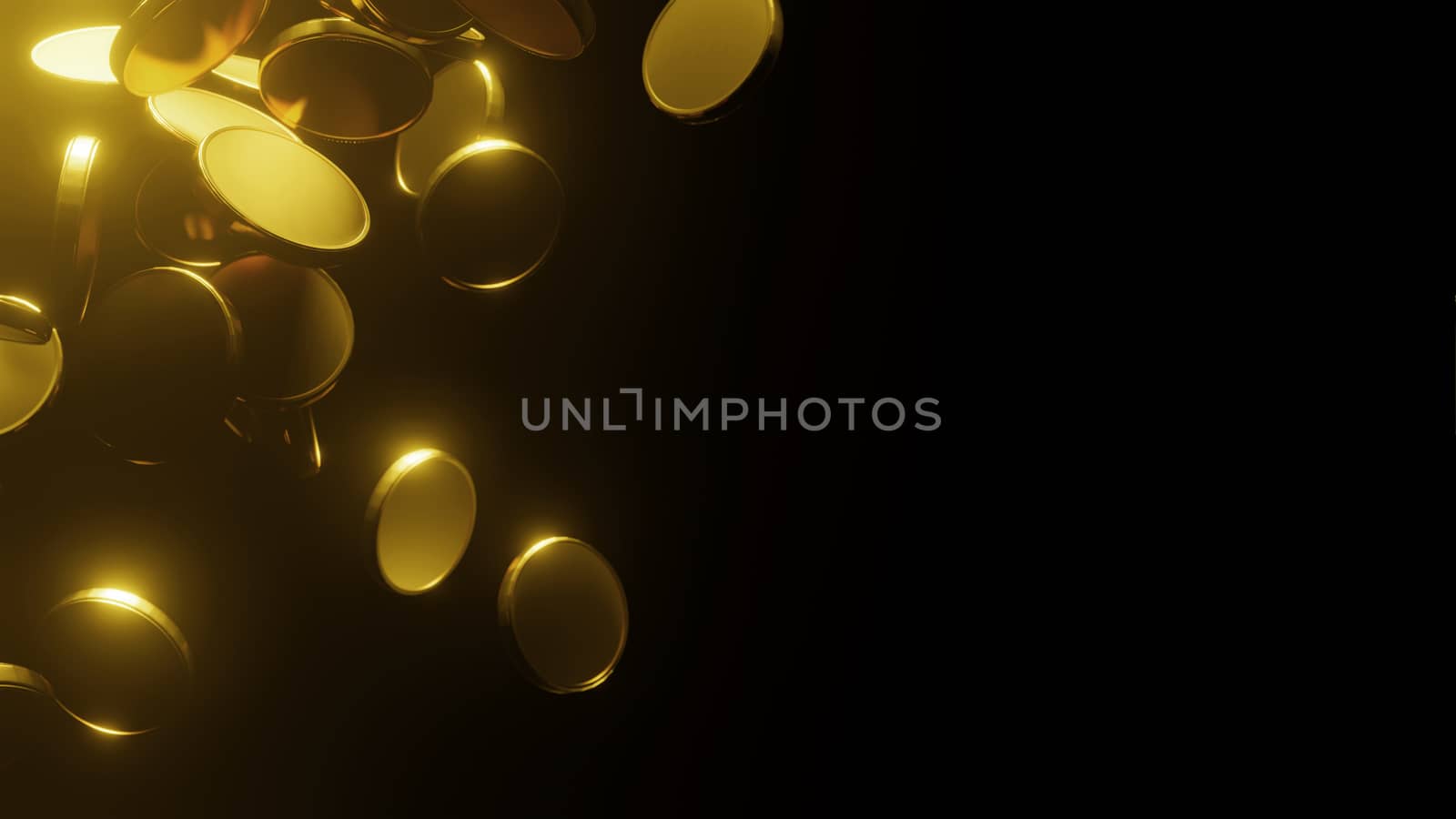 Gold coins falling on black background with copy space 3D render by Myimagine