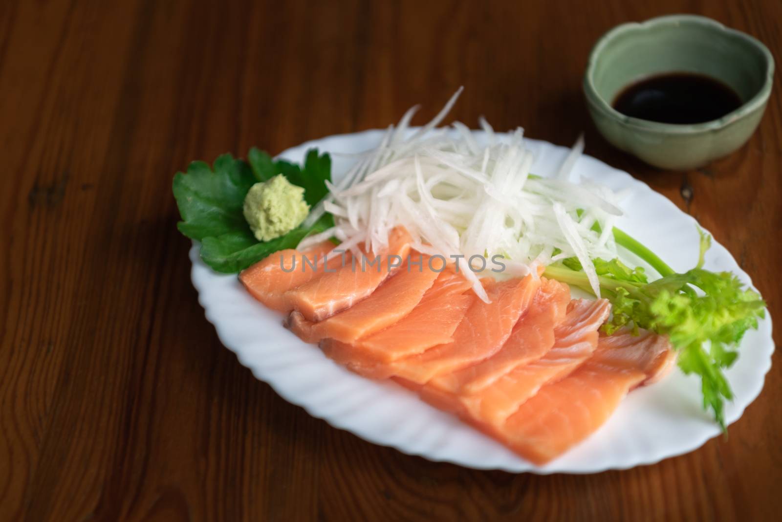 Japanese food sashimi salmon in japan restaurant by PongMoji