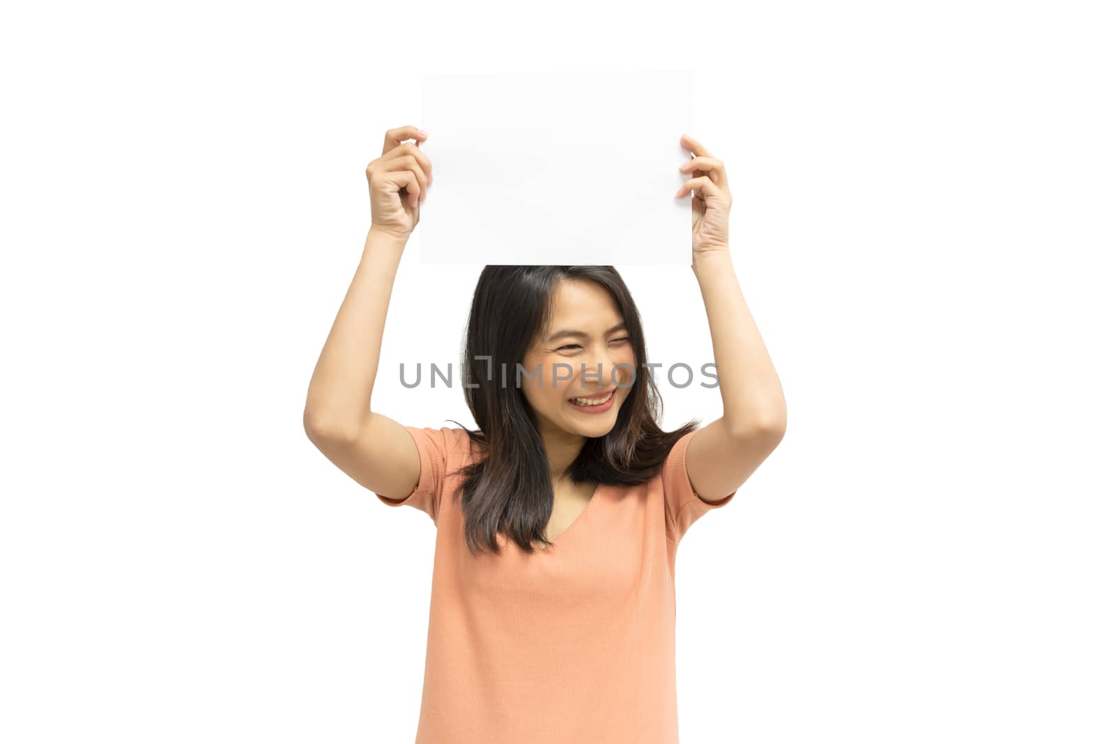 Asian pretty woman showing blank white paper for copy space and message with happy and smile in concept business woman and advertising