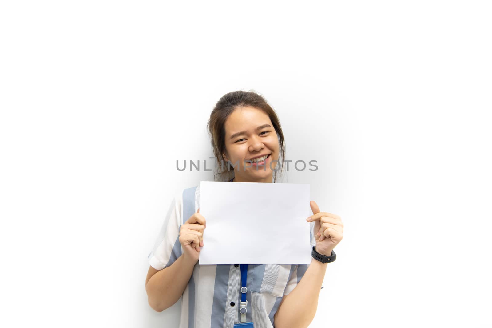 Asian pretty woman showing blank white paper for copy space and message with happy and smile in concept business woman and advertising