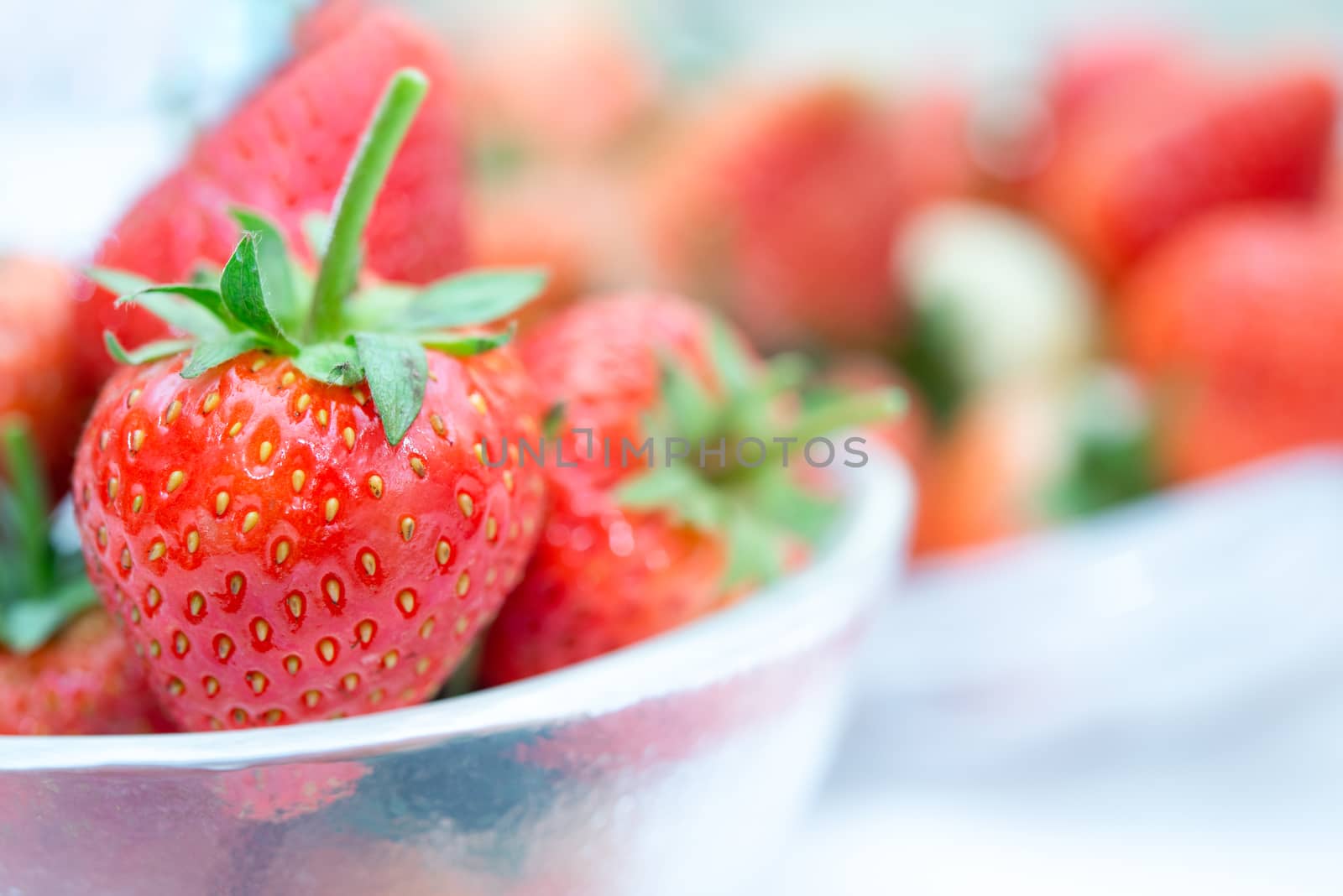 Strawberry is red fresh berry fruit color and sweet juicy for sale at Thai street food and fruit market in concept food and fruit, healthy eating in life