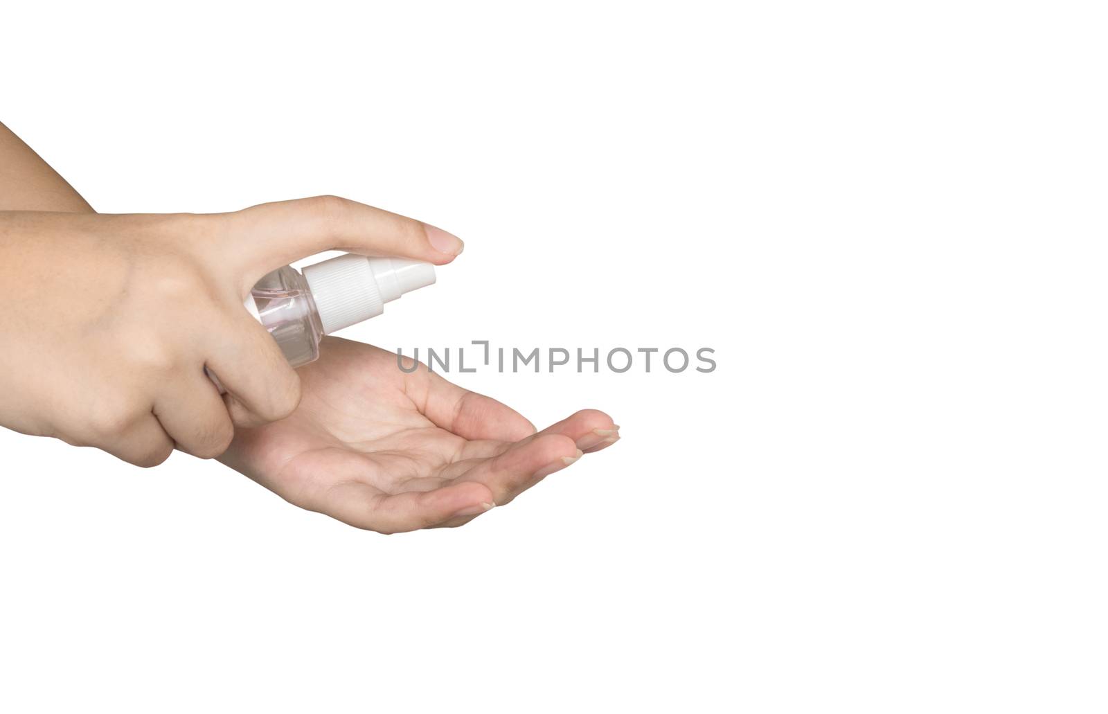 Hand of lady that applying alcohol spray or anti bacteria spray to prevent spread of germs, bacteria and virus. Personal hygiene concept. 