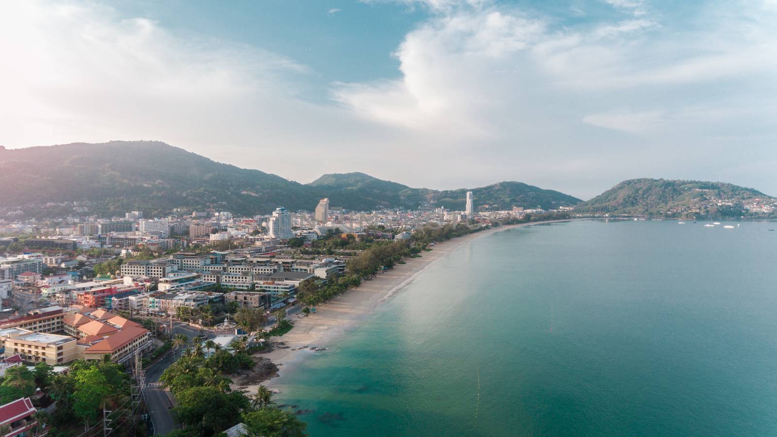 Aerial view of Patong Beach South of Thailand without people on  by wyoosumran
