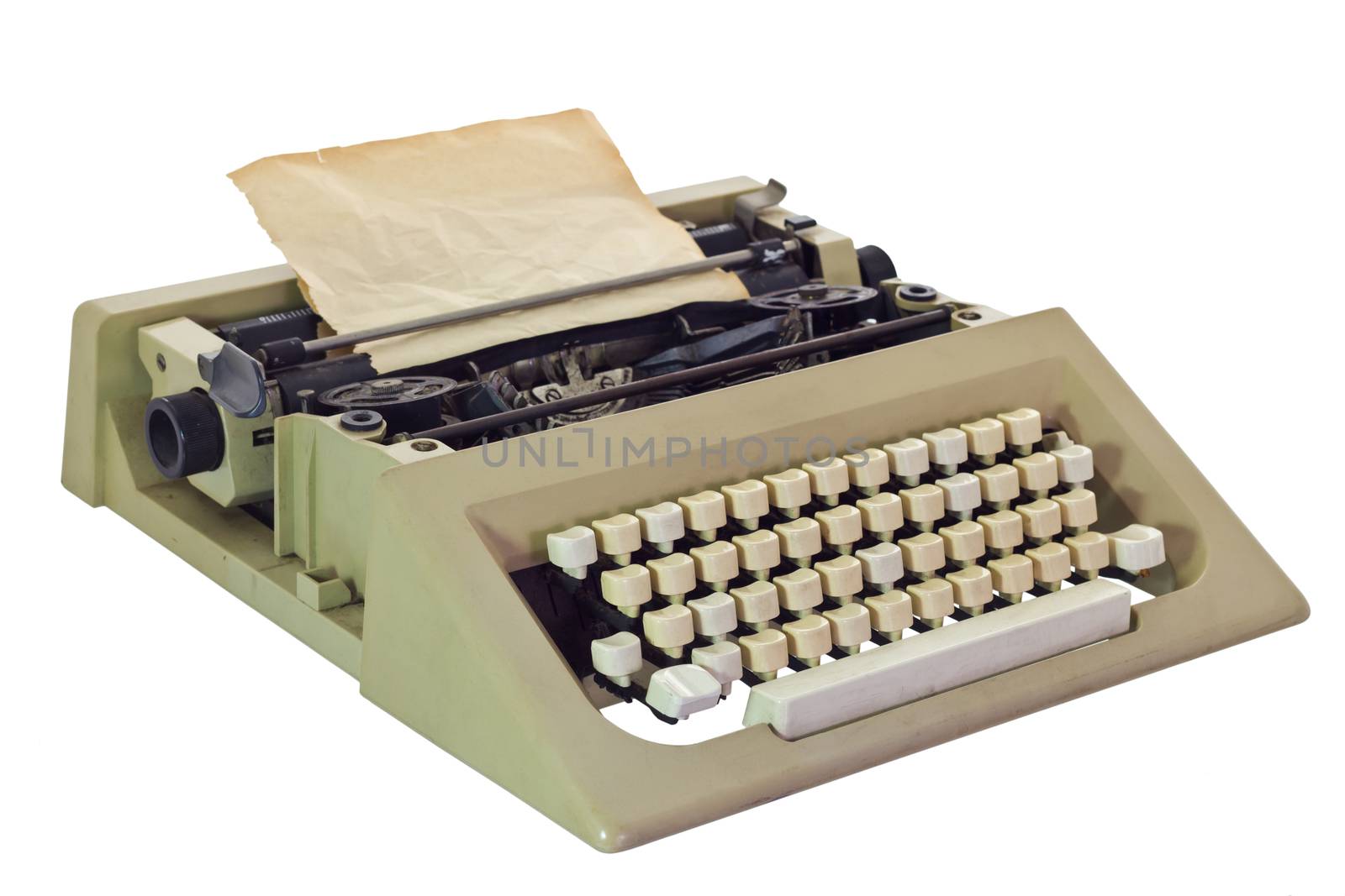 Old Typewriter with paper sheet, isolated on white background