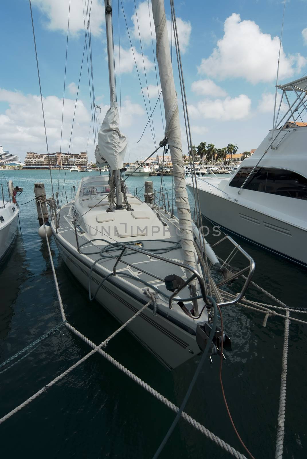 Sail Boats Moored At Oranjestad Harbor, Aruba Island 