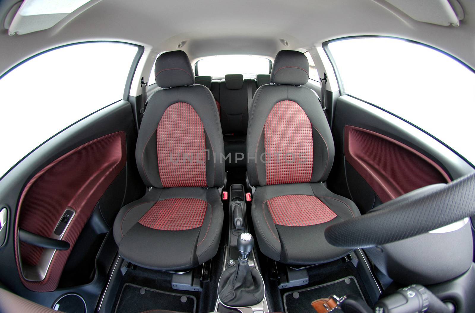 front car seats photographed with fish eye