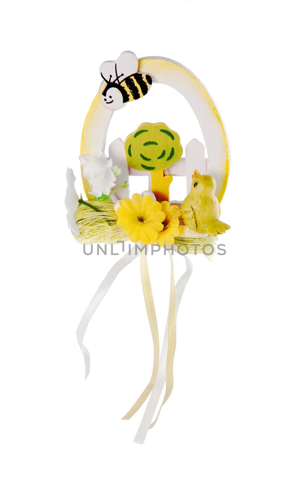 Easter Decoration With A Bee And A Bird Isolated On A White Back by dani3315