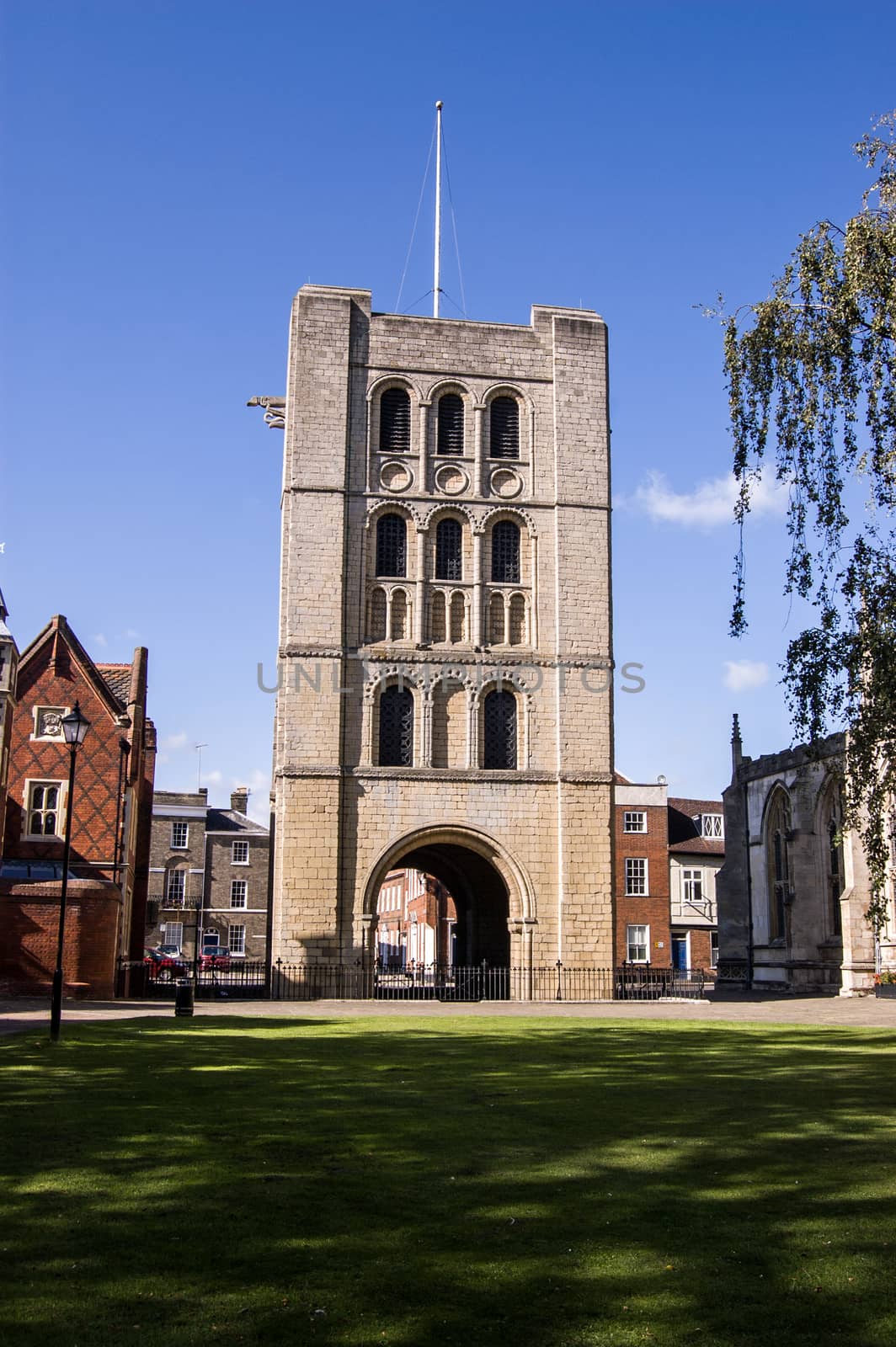 The landmark Norman tower in Bury St Edmunds, Suffolk. Built in the 12th century as a gateway to the Abbey and a belltower.