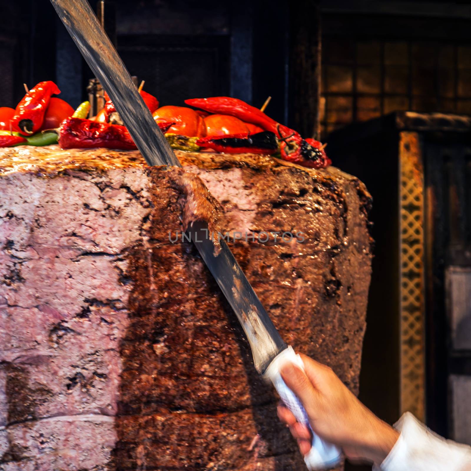 doner kebab cook knife to cut cooking kebab shop Turkish cuisine
